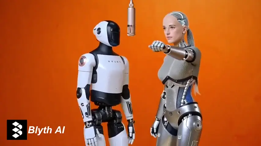 A white humanoid robot and a silver android trading lines under the hanging mic